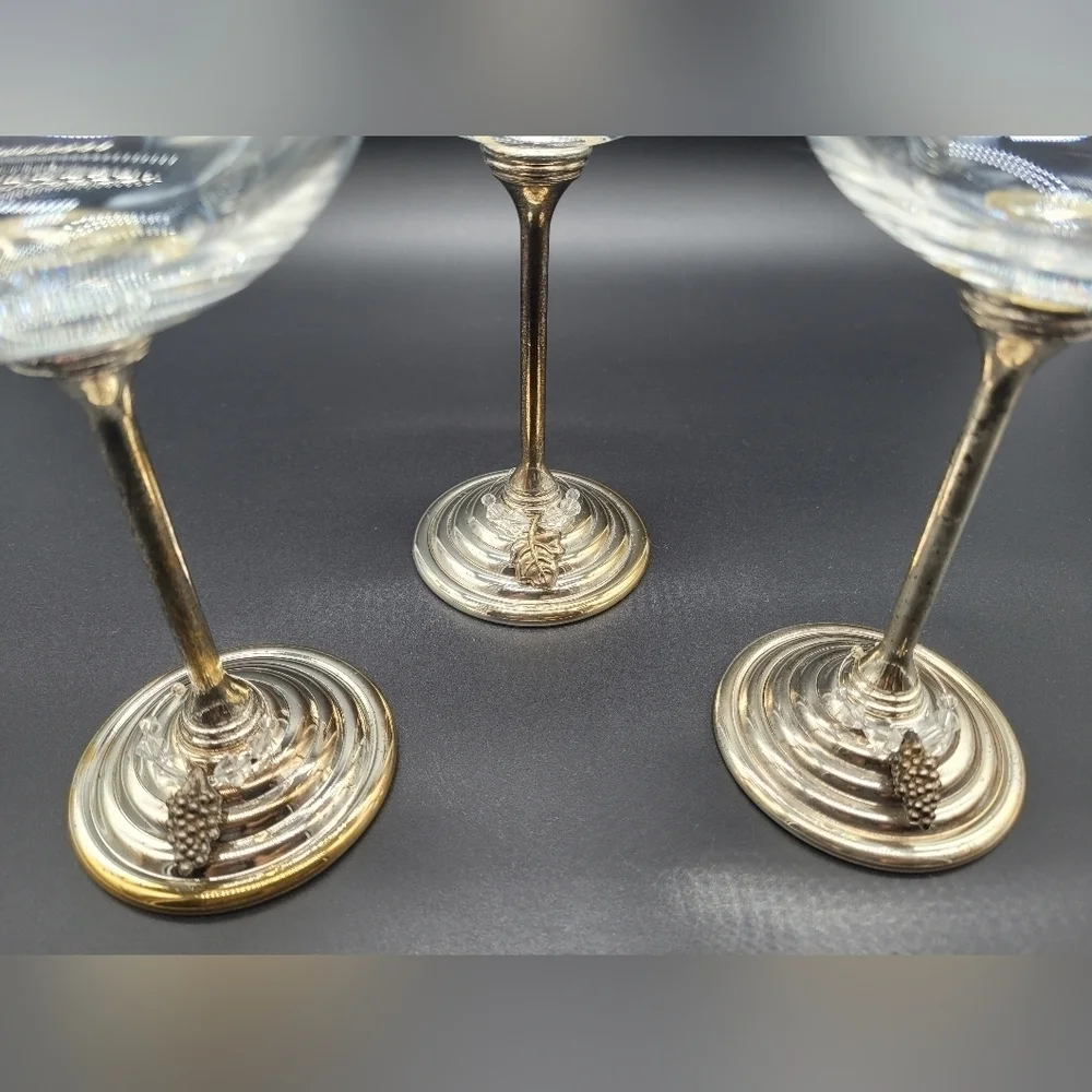 Balloon Wine Glasses Crystal Metal silverplated stems & bases Set of 3 Vintage‌